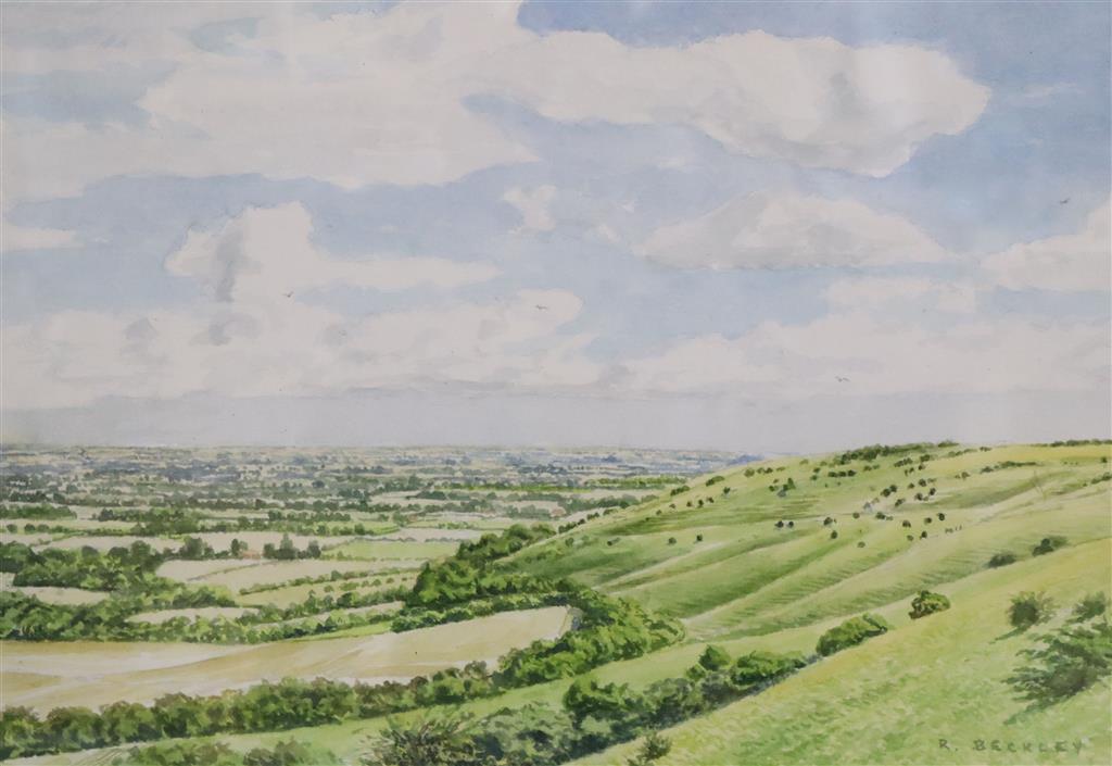 R. Beckley, pair of watercolours , View from Ditching Beacon and View of Firle Beacon, signed, 24 x 35cm